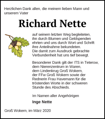 Traueranzeige von Richard nette von Mecklenburger Schweiz