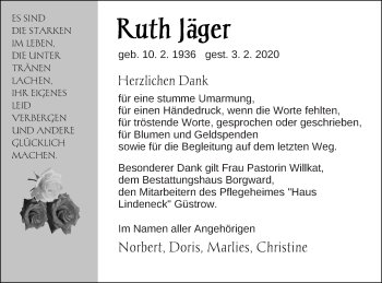 Traueranzeige von Ruth Jäger von Mecklenburger Schweiz