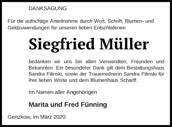 Traueranzeige von Siegfried Müller von Neubrandenburger Zeitung