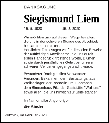 Traueranzeige von Siegismund Liem von Templiner Zeitung