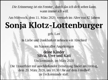 Traueranzeige von Sonja Klotz-Lottenburger von Haff-Zeitung