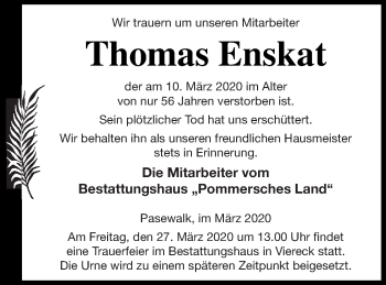 Traueranzeige von Thomas Enskat von Pasewalker Zeitung