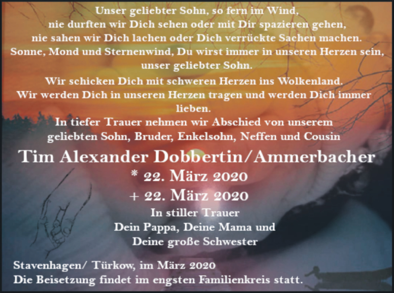  Traueranzeige für Tim Alexander Dobbertin/Ammerbacher vom 31.03.2020 aus Mecklenburger Schweiz