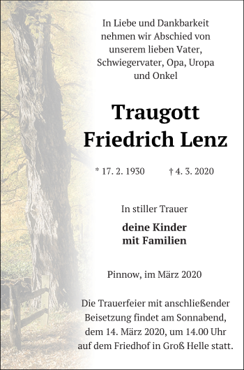 Traueranzeige von Traugott Friedrich Lenz von Neubrandenburger Zeitung