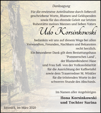 Traueranzeige von Udo Korsinkowski von Pasewalker Zeitung