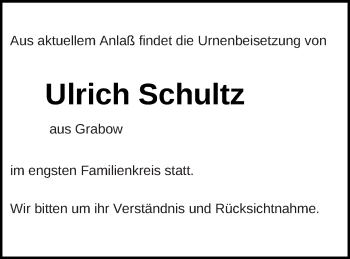 Traueranzeige von Ulrich Schultz von Müritz-Zeitung