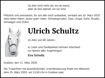 Traueranzeige von Ulrich Schultz von Müritz-Zeitung