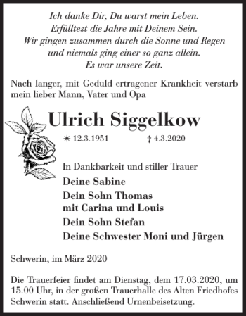 Traueranzeige von Ulrich Siggelkow von Zeitung für die Landeshauptstadt