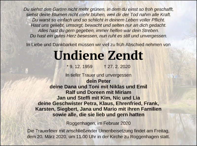  Traueranzeige für Undiene Zendt vom 07.03.2020 aus Neubrandenburger Zeitung