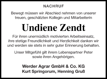 Traueranzeige von Undiene Zendt von Neubrandenburger Zeitung