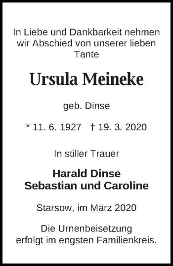 Traueranzeige von Ursula Meineke von Strelitzer Zeitung