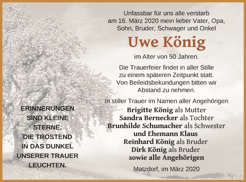  Traueranzeige für Uwe König vom 20.03.2020 aus Pasewalker Zeitung