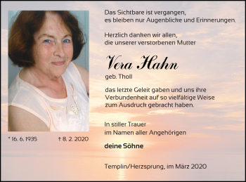 Traueranzeige von Vera Hahn von Templiner Zeitung