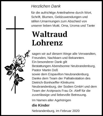 Traueranzeige von Waltraud Lohrenz von Neubrandenburger Zeitung