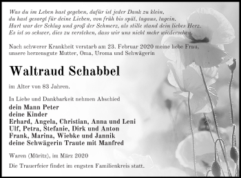 Traueranzeige von Waltraud Schabbel von Müritz-Zeitung