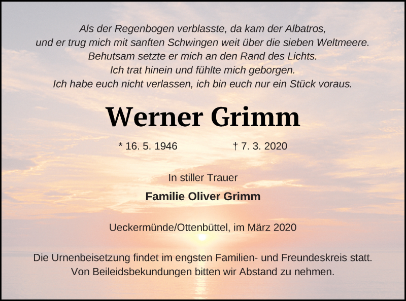  Traueranzeige für Werner Grimm vom 14.03.2020 aus Haff-Zeitung