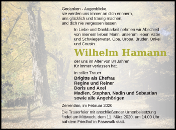 Traueranzeige von Wilhelm Hamann von Pasewalker Zeitung