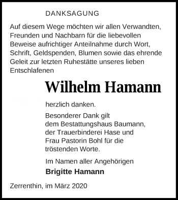 Traueranzeige von Wilhelm Hamann von Pasewalker Zeitung