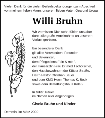 Traueranzeige von Willi Bruhn von Demminer Zeitung