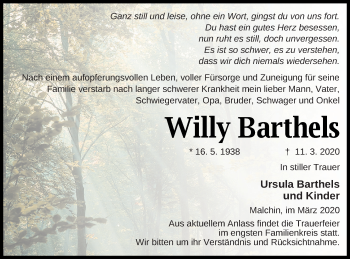 Traueranzeige von Willy Barthels von Mecklenburger Schweiz