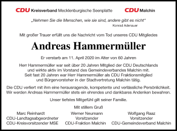 Traueranzeige von Andreas Hammermüller von Mecklenburger Schweiz