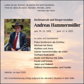 Traueranzeige von Andreas Hammermüller von Mecklenburger Schweiz