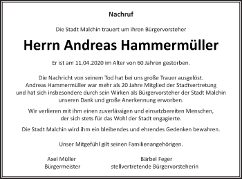 Traueranzeige von Andreas Hammermüller von Mecklenburger Schweiz