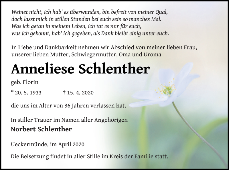  Traueranzeige für Anneliese Schlenther vom 18.04.2020 aus Haff-Zeitung