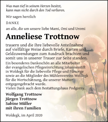 Traueranzeige von Anneliese Trottnow von Strelitzer Zeitung