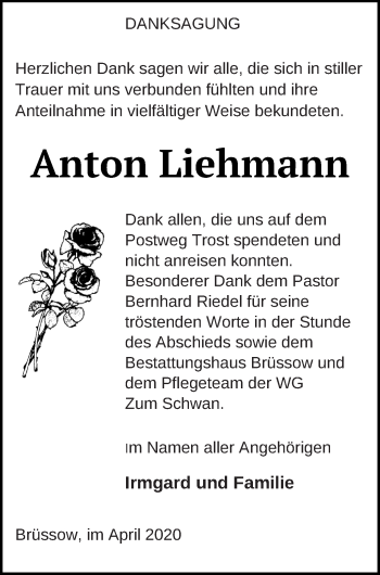 Traueranzeige von Anton Liehmann von Pasewalker Zeitung