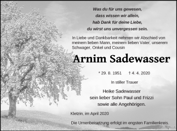 Traueranzeige von Arnim Sadewasser von Demminer Zeitung