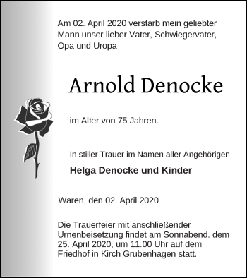 Traueranzeige von Arnold Denocke von Müritz-Zeitung
