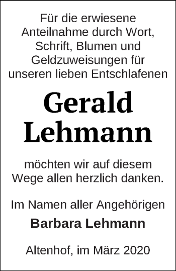 Traueranzeige von Barbara Lehmann von Müritz-Zeitung