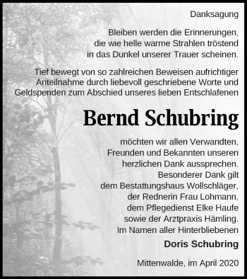 Traueranzeige von Bernd Schubring von Templiner Zeitung