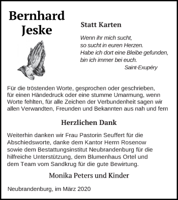 Traueranzeige von Bernhard Jeske von Neubrandenburger Zeitung