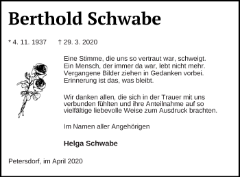 Traueranzeige von Berthold Schwabe von Prenzlauer Zeitung