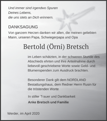 Traueranzeige von Bertold Bretsch von Neubrandenburger Zeitung