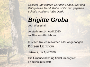 Traueranzeige von Brigitte Groba von Haff-Zeitung