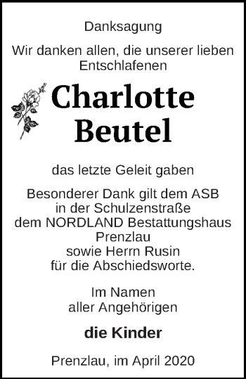 Traueranzeige von Charlotte Beutel von Prenzlauer Zeitung