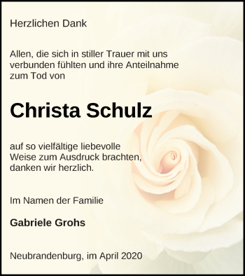 Traueranzeige von Christa Schulz von Neubrandenburger Zeitung