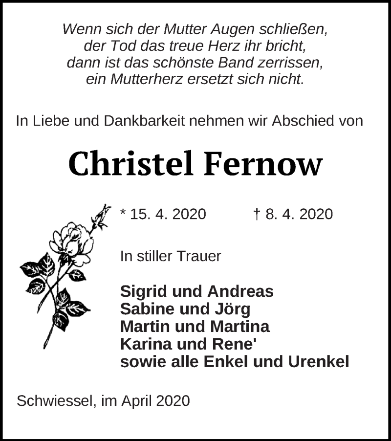  Traueranzeige für Christel Fernow vom 15.04.2020 aus Demminer Zeitung