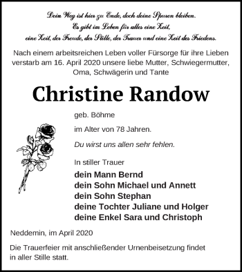 Traueranzeige von Christine Randow von Neubrandenburger Zeitung