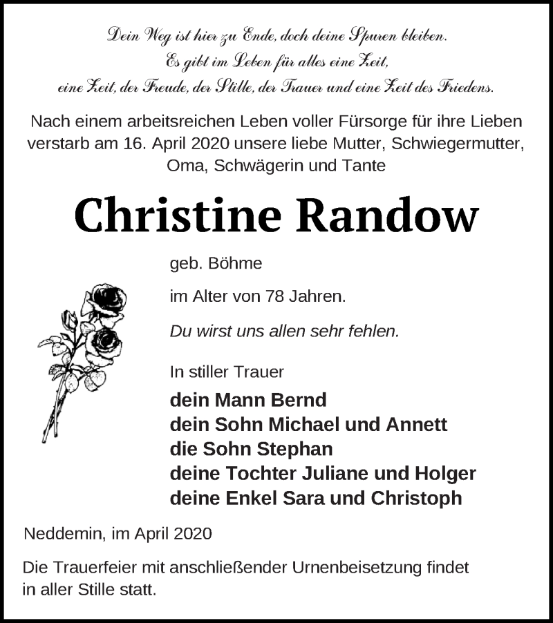  Traueranzeige für Christine Randow vom 22.04.2020 aus Neubrandenburger Zeitung