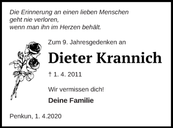 Traueranzeige von Dieter Krannich von Pasewalker Zeitung