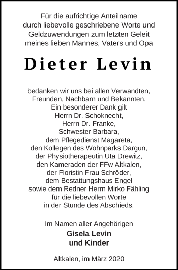 Traueranzeige von Dieter Levin von Mecklenburger Schweiz