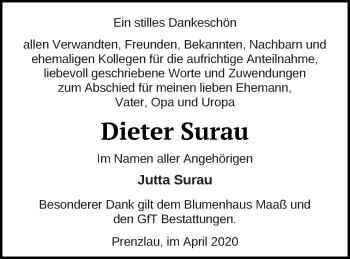 Traueranzeige von Dieter Surau von Prenzlauer Zeitung