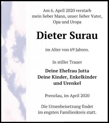 Traueranzeige von Dieter Surau von Haff-Zeitung