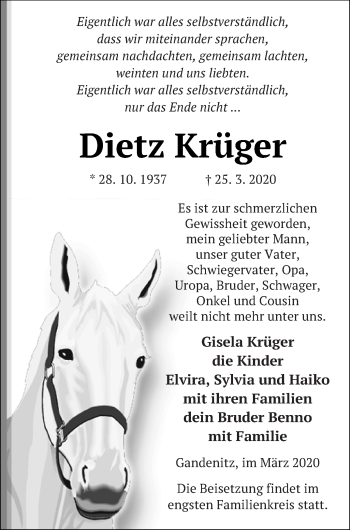 Traueranzeige von Dietz Krüger von Templiner Zeitung