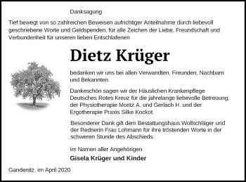 Traueranzeige von Dietz Krüger von Templiner Zeitung