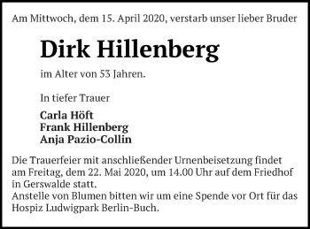 Traueranzeige von Dirk Hillenberg von Prenzlauer Zeitung